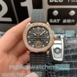 Replica Patek Philippe Aquanaut Watch Grey Rubber Strap Rose Gold Diamond Bezel